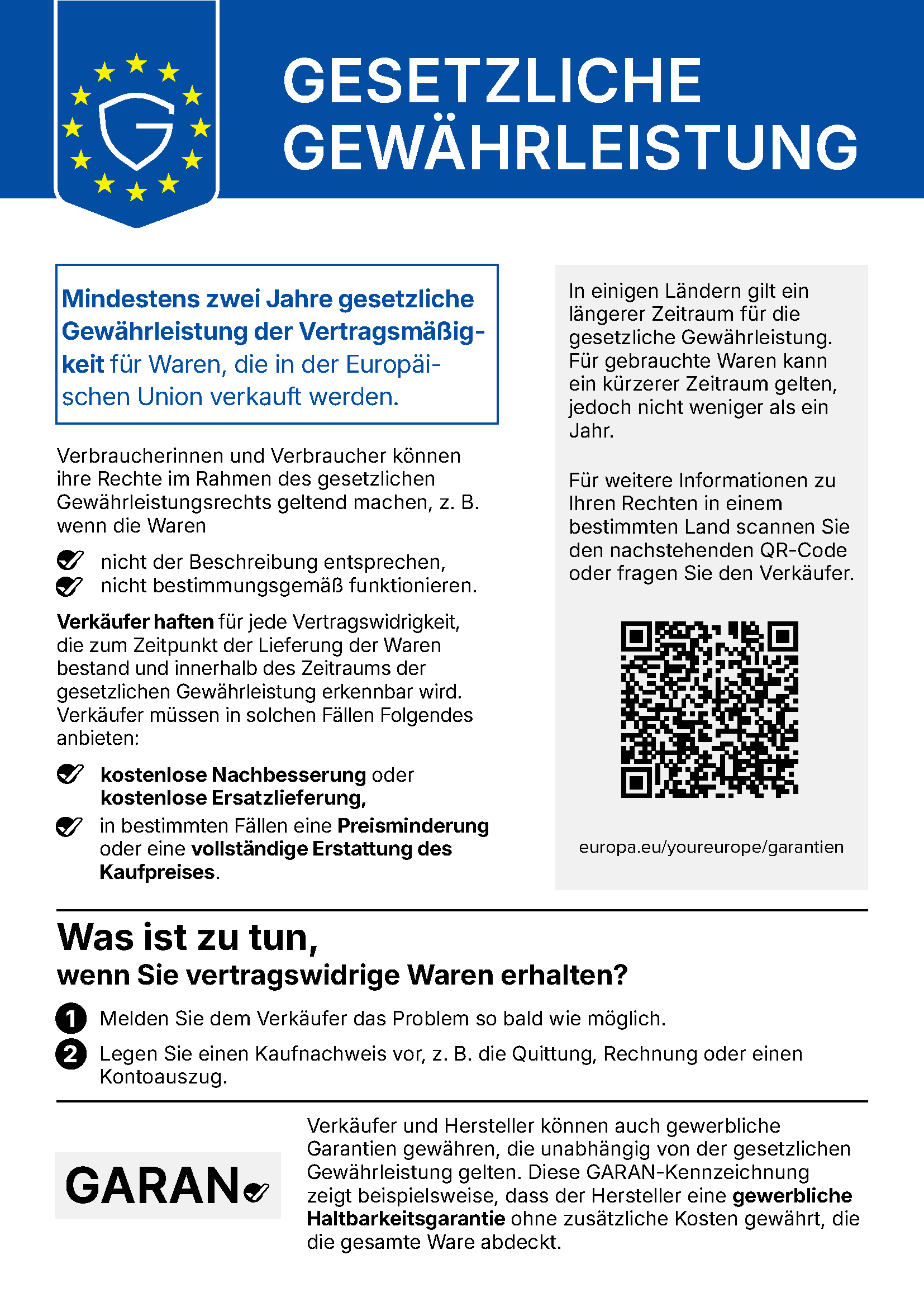 EU-Hinweis zur gesetzlichen Konformitätsgewährleistung: Verbraucher in der EU haben beim Kauf von Waren eine gesetzliche Gewährleistung von mindestens 2 Jahren